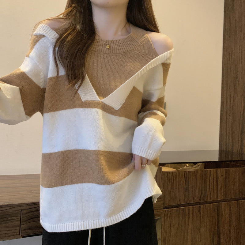 Women's V-neck oversized sweater with fashionable striped pattern and open shoulder design NOVAE