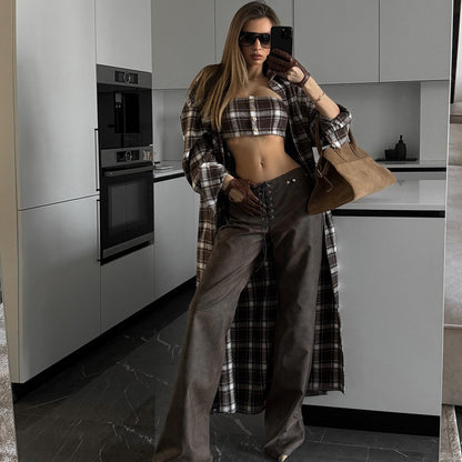 Women's Long Check Shirt Dress with Detachable Sleeves NOVAE