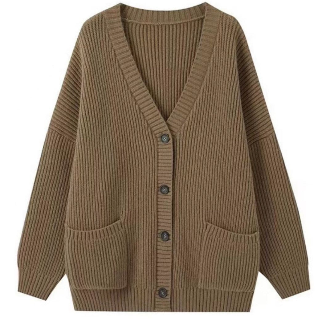 Women's chunky knit cardigan with pockets and deep V-neck NOVAE