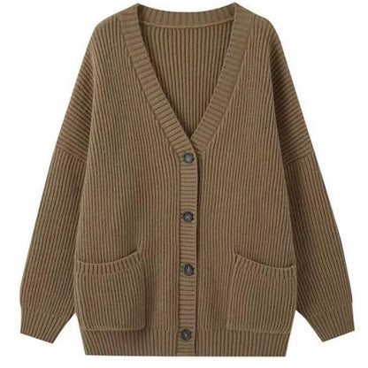 Women's chunky knit cardigan with pockets and deep V-neck NOVAE