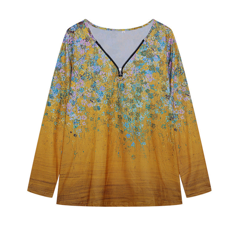Women's long-sleeved shirt with colorful floral pattern and modern zipper NOVAE
