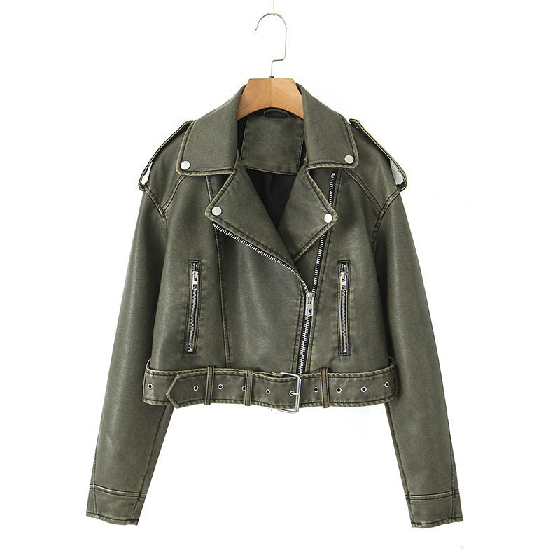 Women's fashionable biker jacket in a cropped design with sophisticated zippers NOVAE
