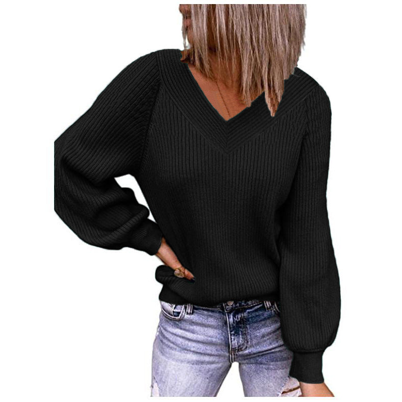 Women's V-neck and balloon sleeve knit sweater NOVAE