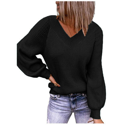 Women's V-neck and balloon sleeve knit sweater NOVAE