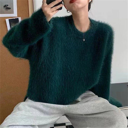 Women's fluffy sweater with a relaxed fit and high round neckline NOVAE