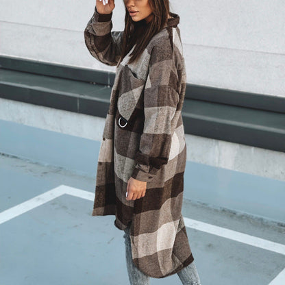 Women's Long Check Winter Coat with Button-Down Design and Loose Fit NOVAE