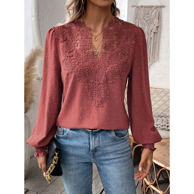 Women's blouse with embroidered V-neck and long sleeves NOVAE