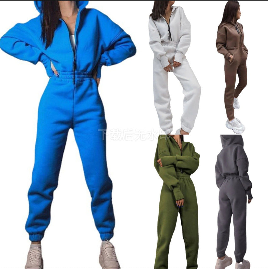 Women's Comfortable Hooded Suit with Elastic Waistband and Full-Length Zipper NOVAE