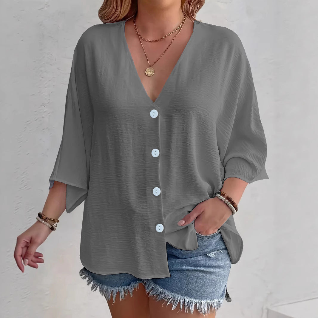 Women's flattering short-sleeved blouse with button placket and V-neck NOVAE