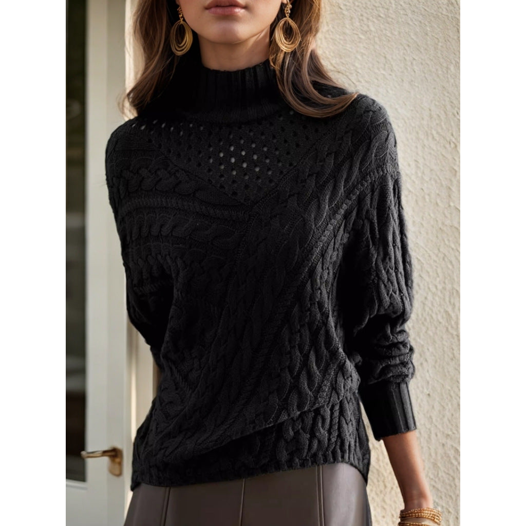 Women's knit sweater with high collar and detailed cable pattern NOVAE