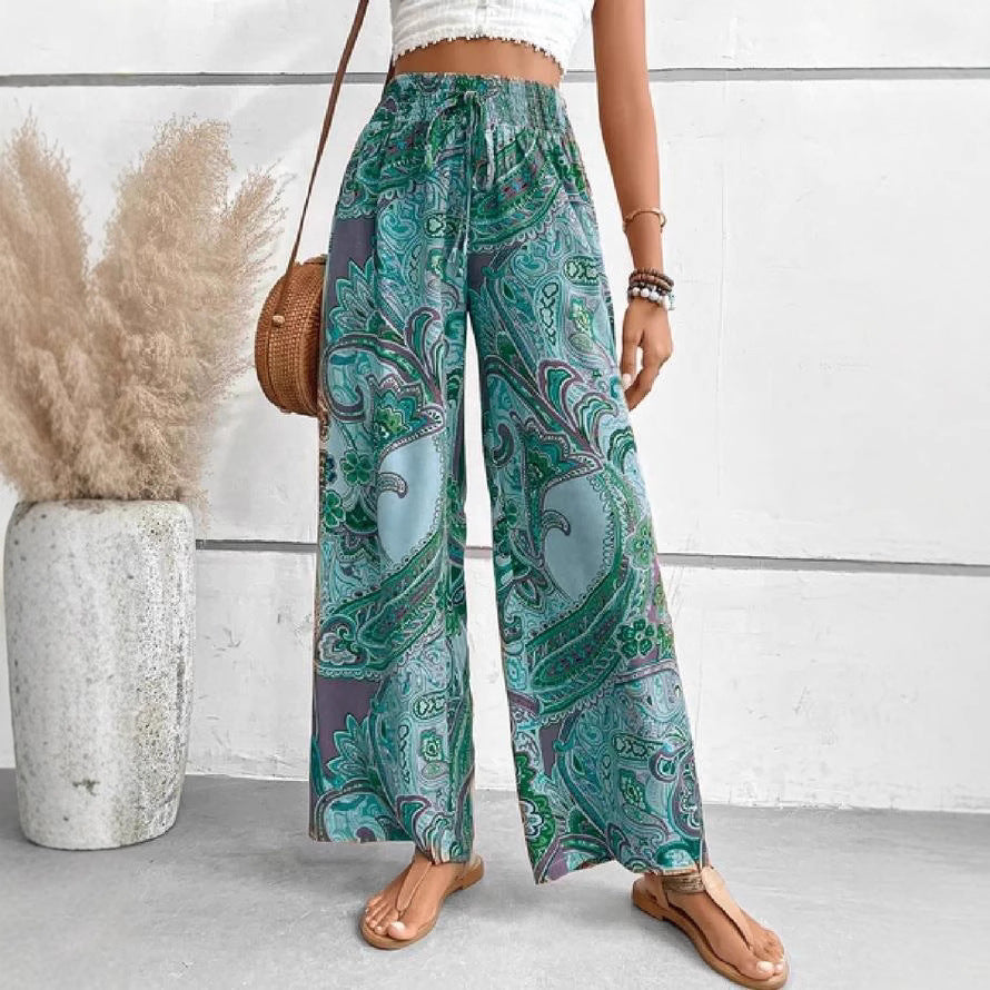 Women's wide-leg palazzo trousers with floral paisley pattern and elasticated waistband NOVAE