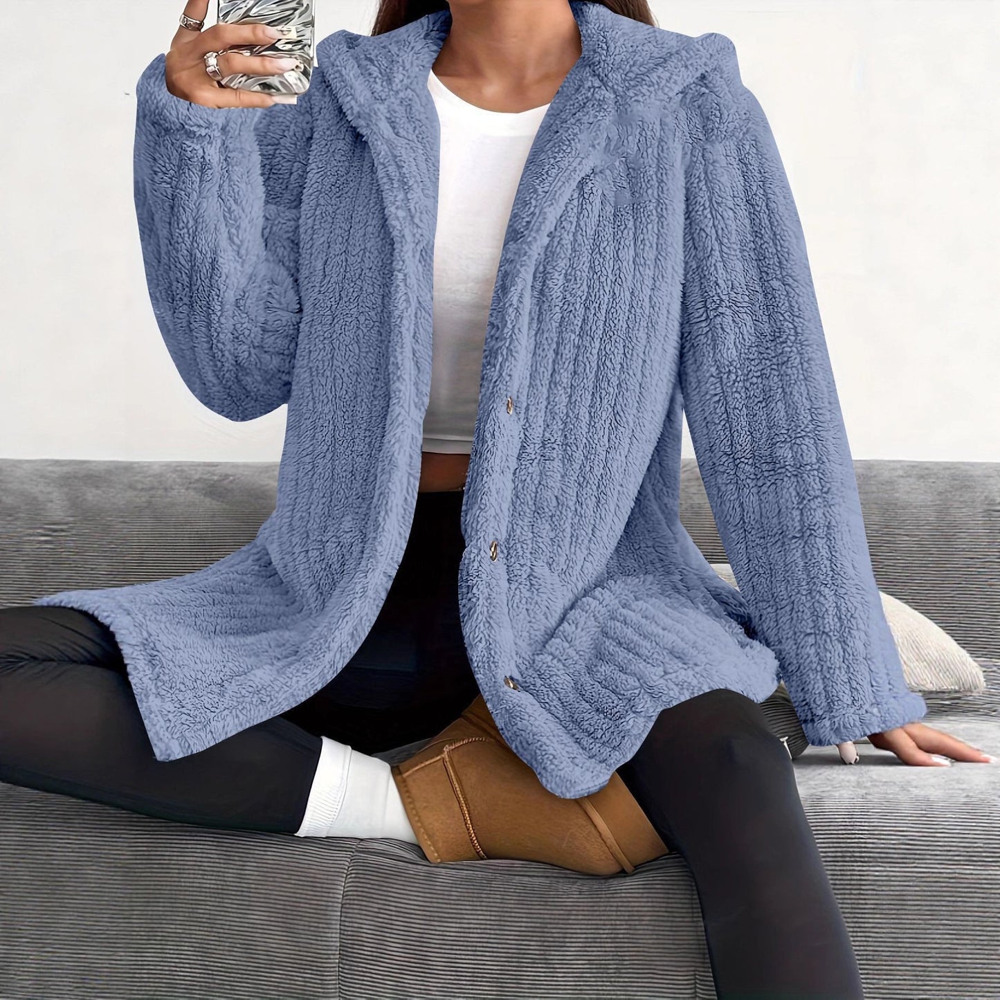 Women's Cozy Hooded Jacket with Button Details NOVAE