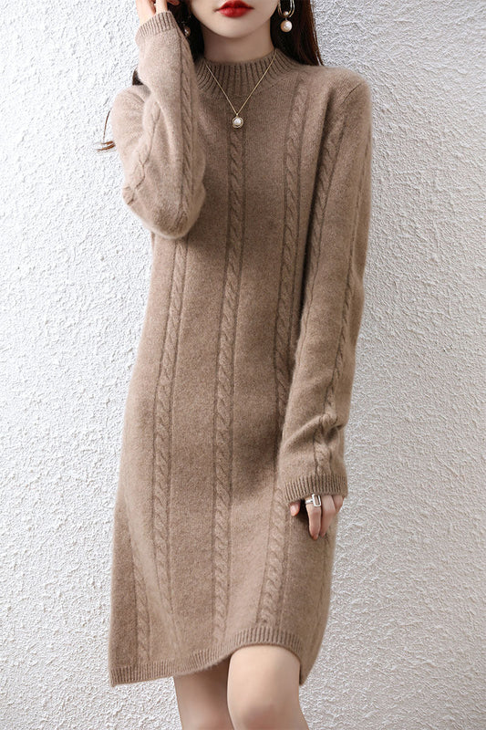 Women's knit dress with elegant cable design and high collar NOVAE