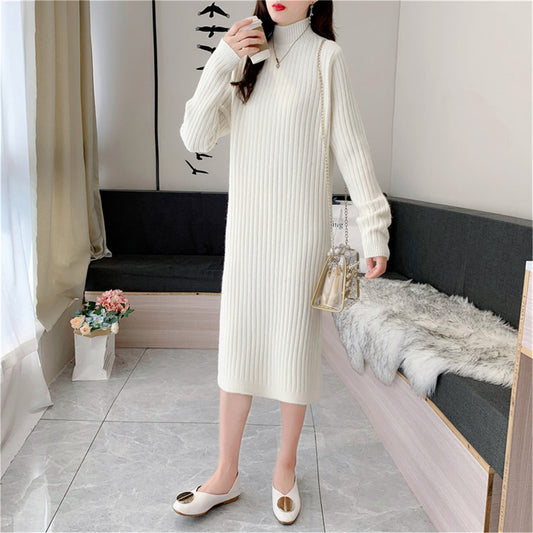 Women's knitted maxi dress with high collar and fine rib texture NOVAE