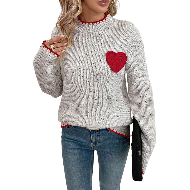 Women's knitted sweater with heart appliqué and decorative hem NOVAE