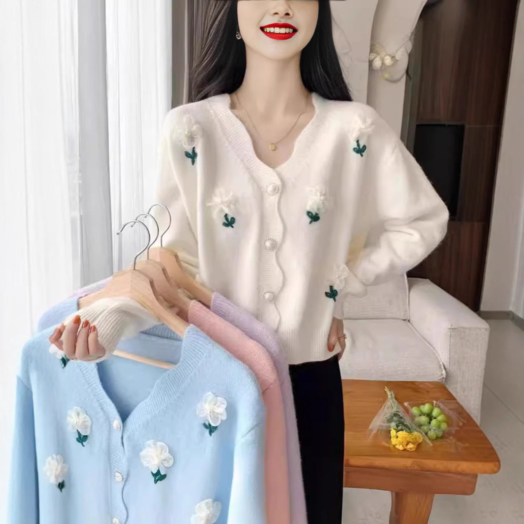 Women's cardigan with floral design and elegant pearl buttons NOVAE