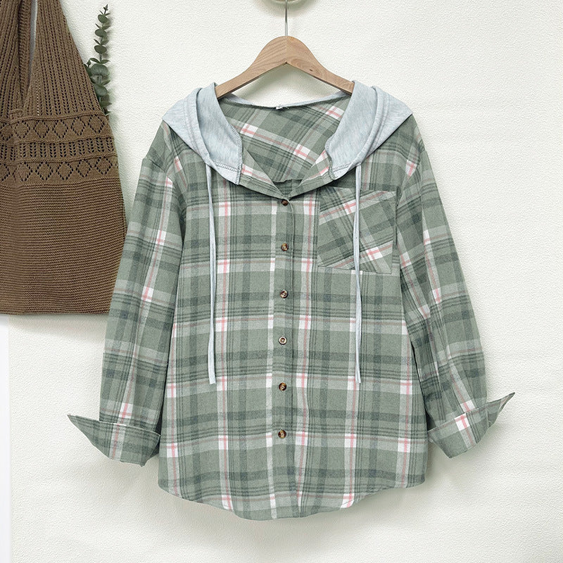 Women's nostalgic checked blouse with hood and button closure NOVAE