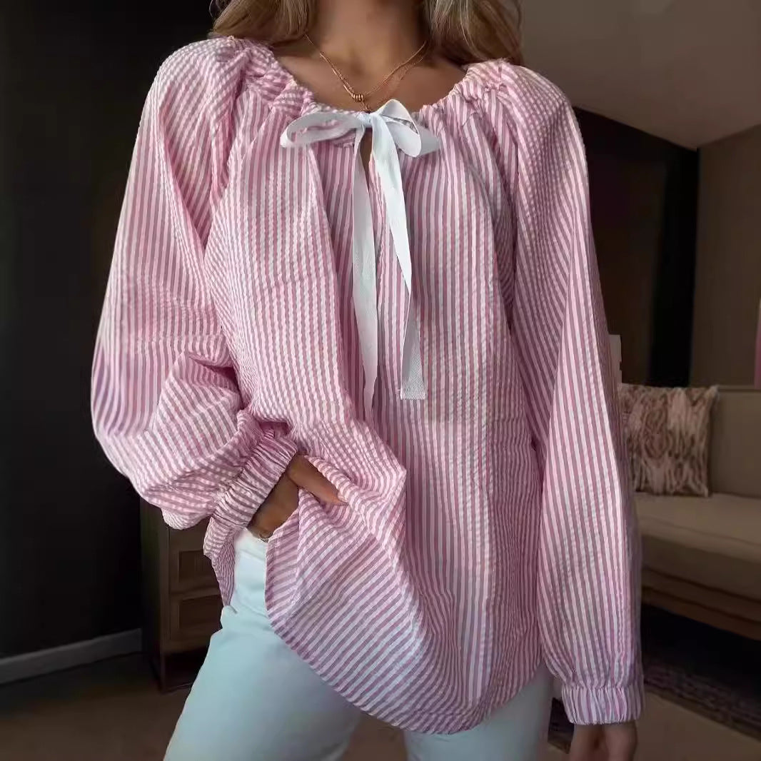 Women's blouse with elasticated neckline and bow tie NOVAE