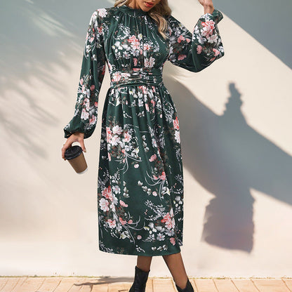Women's maxi dress with elegant floral design and ruffle details NOVAE