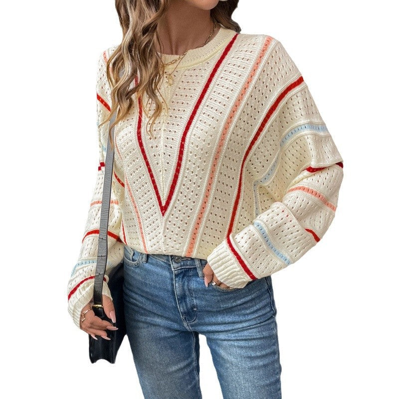 Women's knit sweater with a generous openwork pattern and colorful accents NOVAE