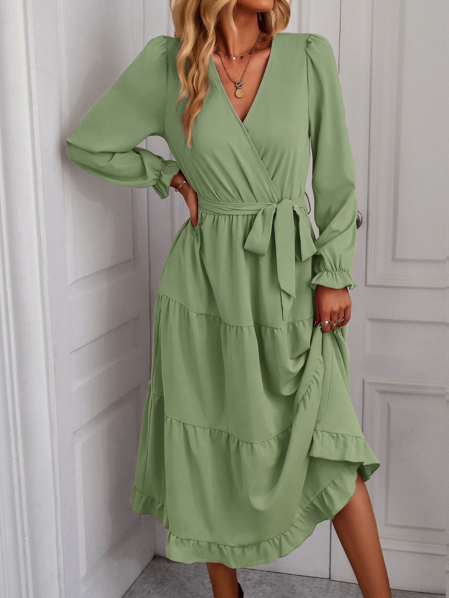 Women's wrap dress with flounced sleeves and elegant cut NOVAE