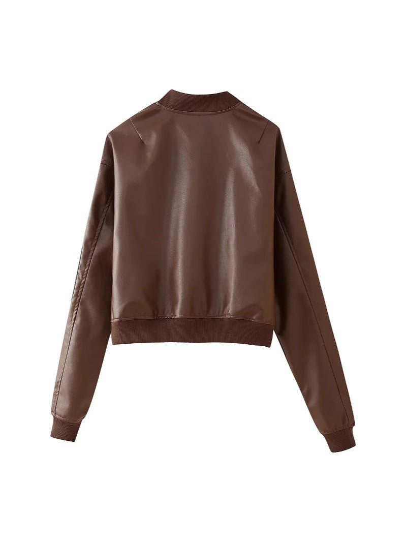 Women's leather bomber jacket with practical zip pockets and elastic waistband NOVAE