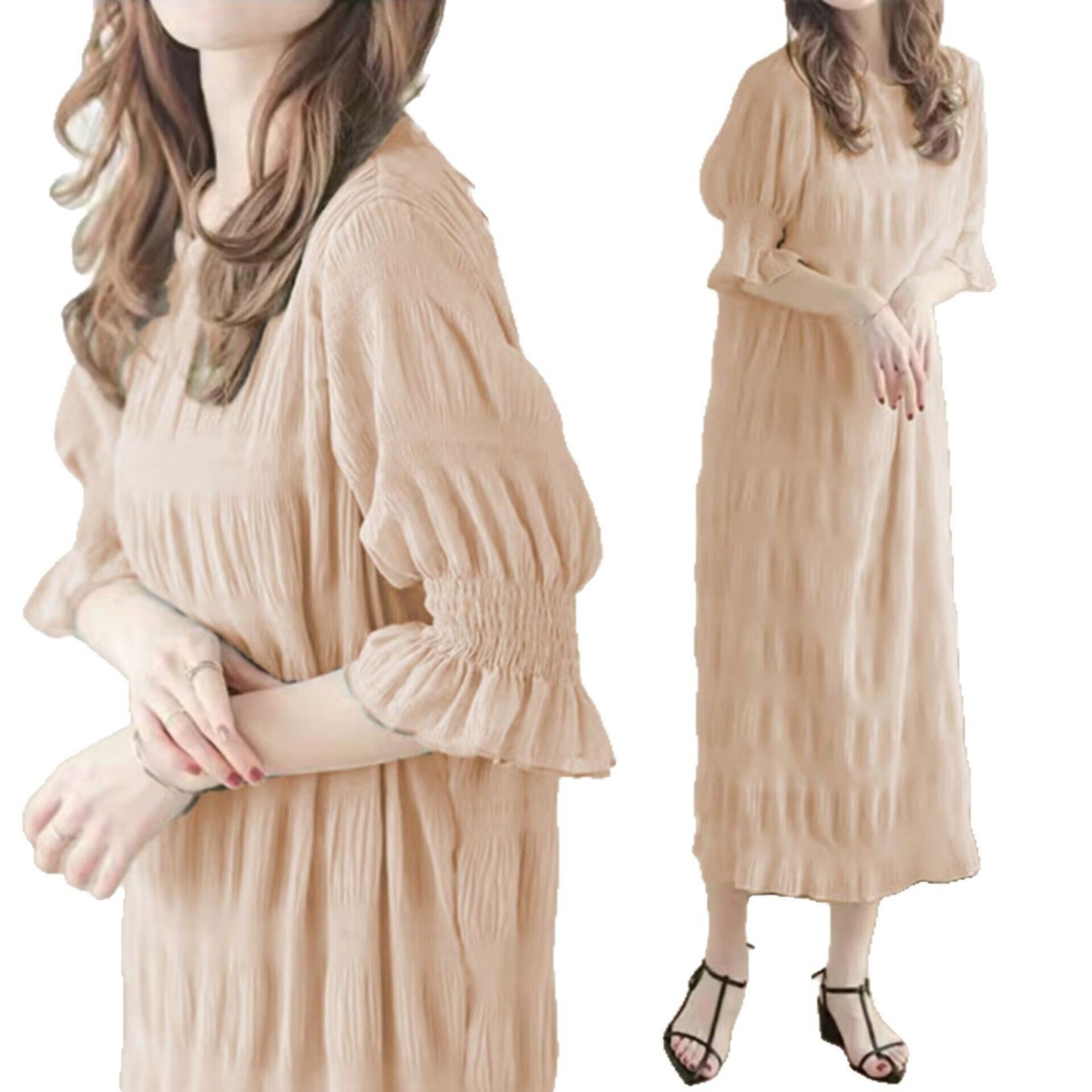 Women's casual maxi dress with elasticated puff sleeves and sophisticated textured design NOVAE