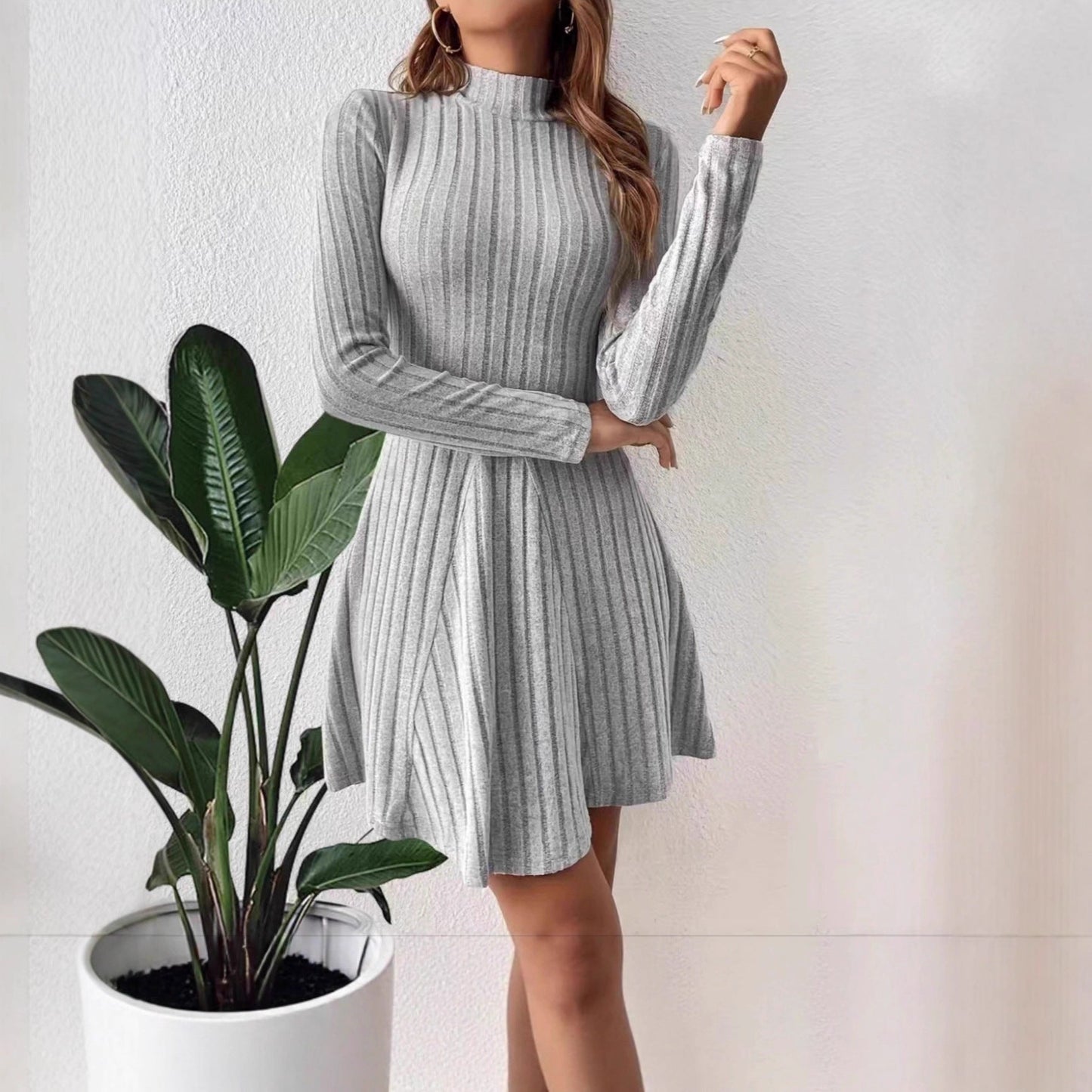 Women's knit dress with elegant stand-up collar and fine rib structure NOVAE