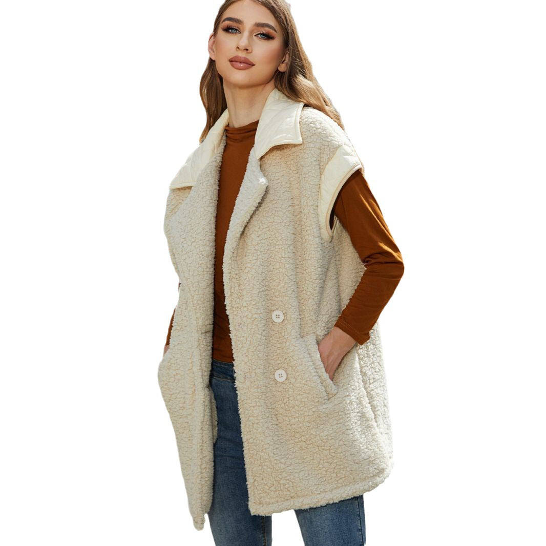 Women's plush vest with large pockets and elegant collar NOVAE