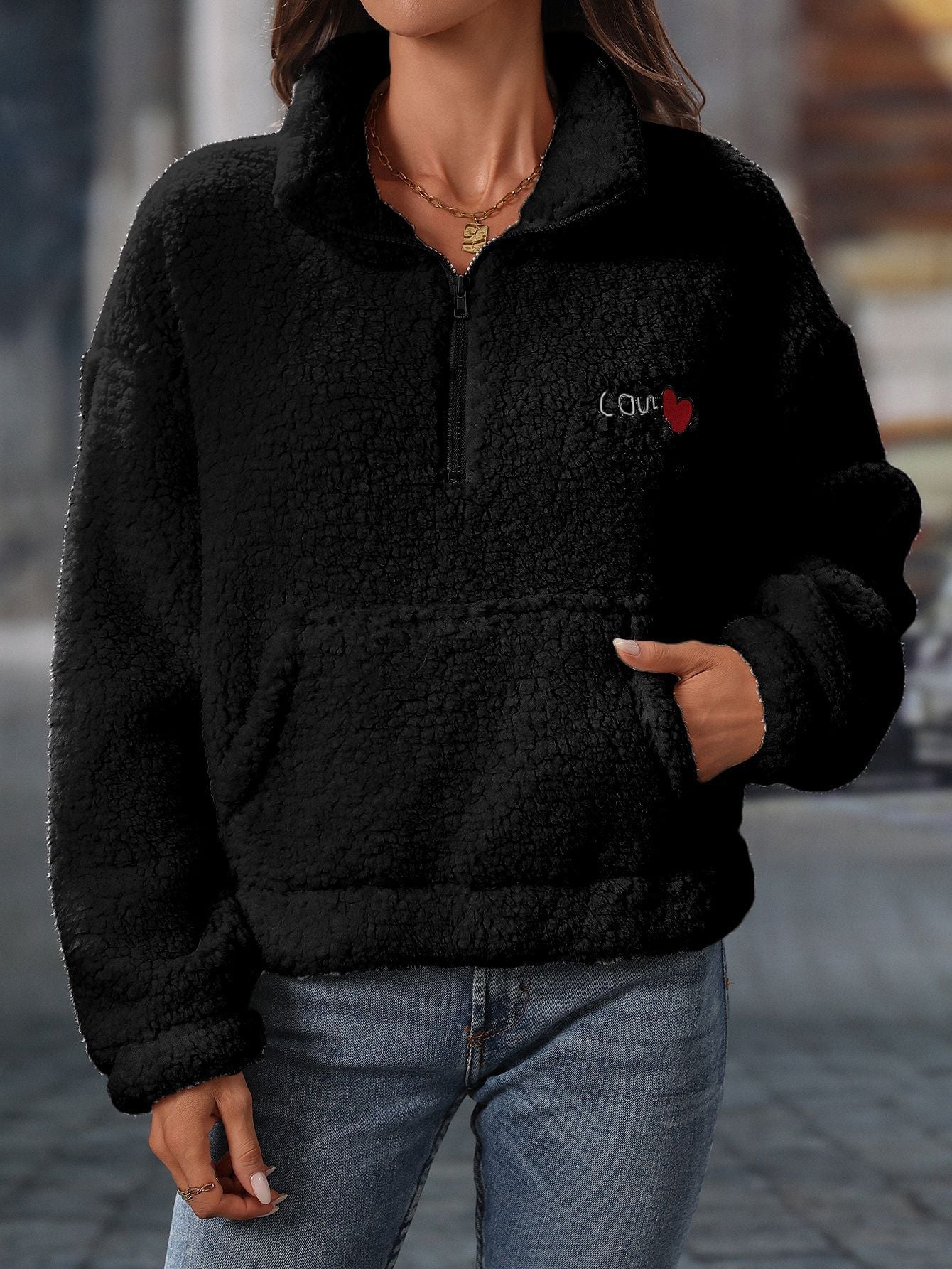 Women's Cozy Fleece Sweater with High Collar and Practical Pockets NOVAE