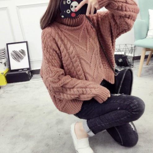 Women's chunky knit sweater with high collar and cable pattern NOVAE