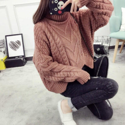 Women's chunky knit sweater with high collar and cable pattern NOVAE