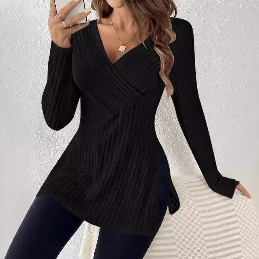Women's Long-Sleeved Wrap Top with Textured Design NOVAE