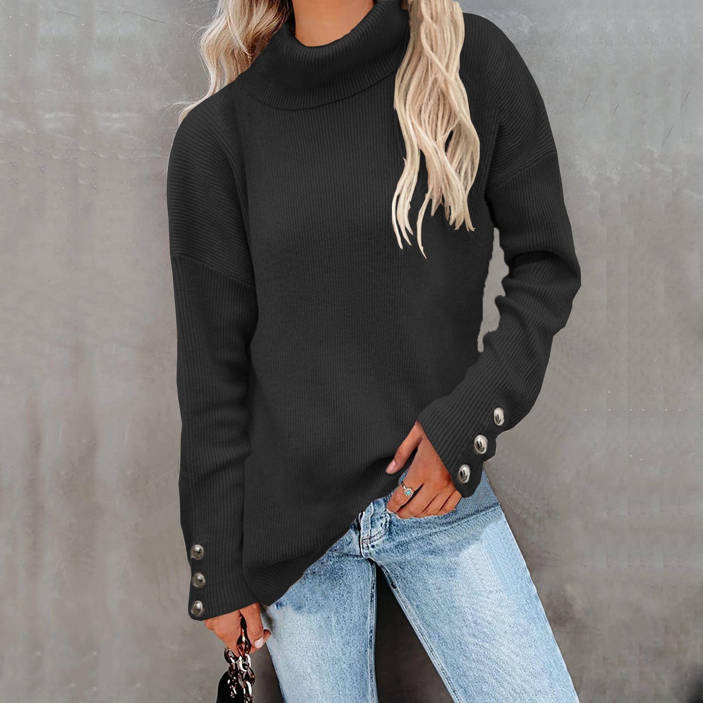 Women's chunky knit turtleneck sweater with button detail NOVAE