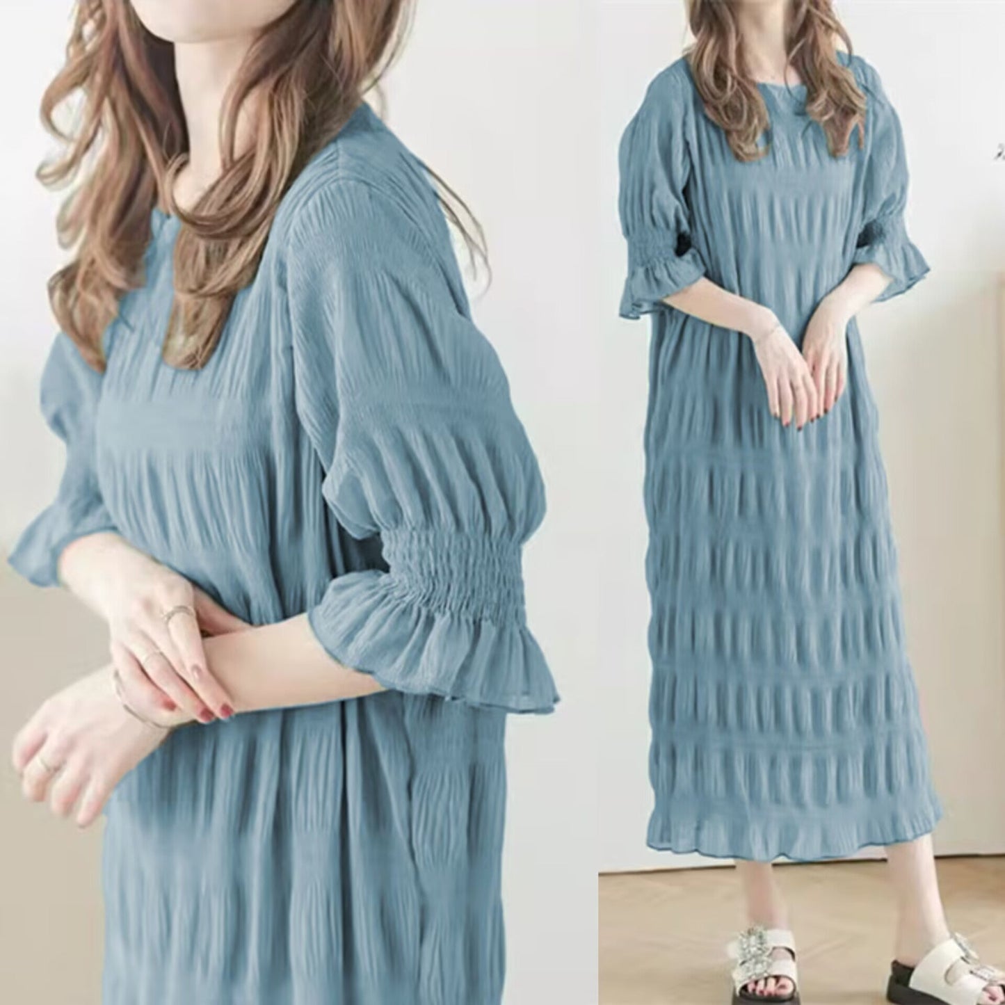 Women's casual maxi dress with elasticated puff sleeves and sophisticated textured design NOVAE