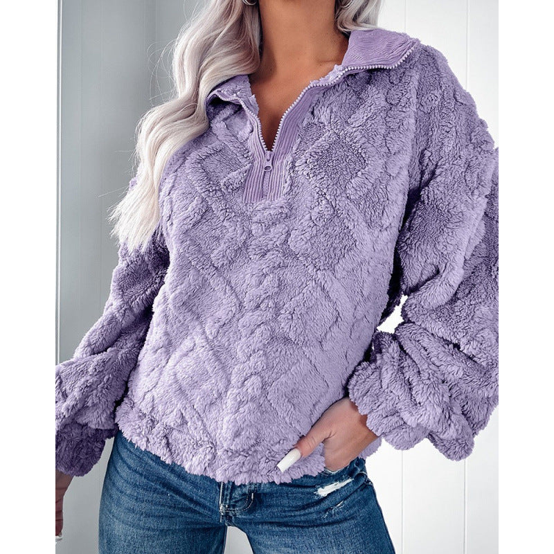 Women's fleece pullover with half zipper and textured design NOVAE