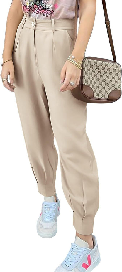 Women's elegant and fashionable high-waisted trousers with pleats and side pockets NOVAE