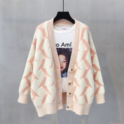 Women's chunky knit cardigan with modern zigzag pattern and button details NOVAE