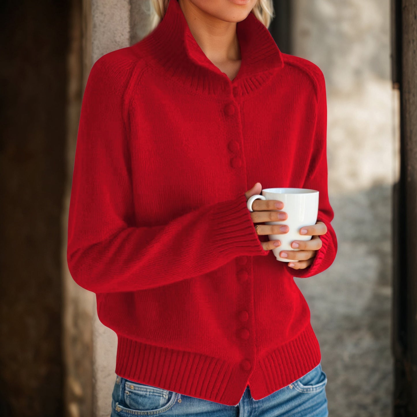 Women's cardigan with high collar and elegant button details NOVAE