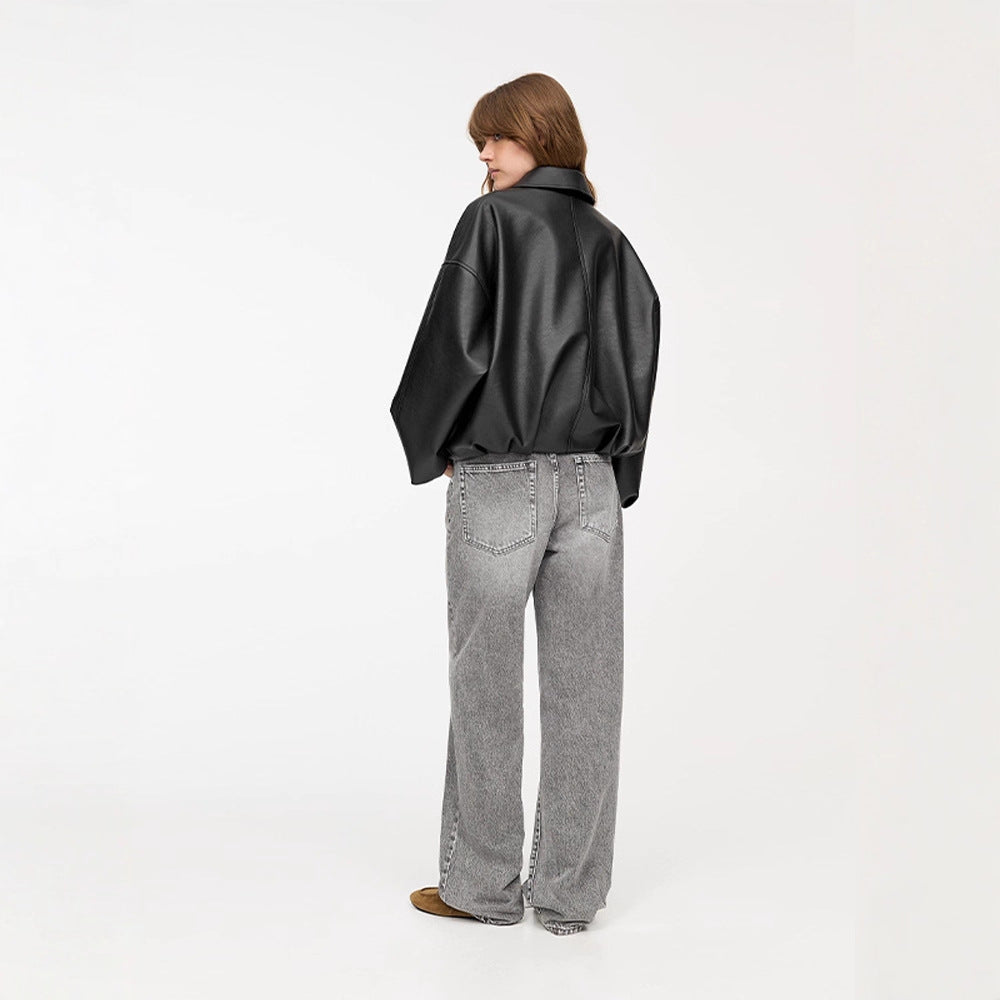 Women's fashionable faux leather jacket with a wide cut and waist belt NOVAE