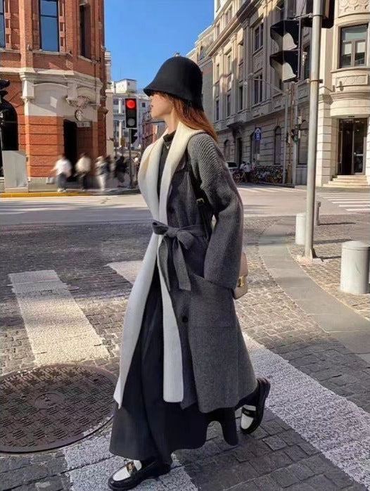 Women's Elegant Long Coat with Belt and Contrasting Sleeves NOVAE