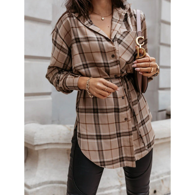 Women's long-sleeved shirt dress with adjustable belt and fashionable check design NOVAE