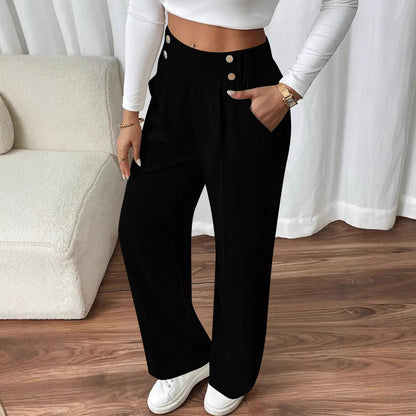 Women's Elegant Wide Leg Trousers with Decorative Button Details NOVAE