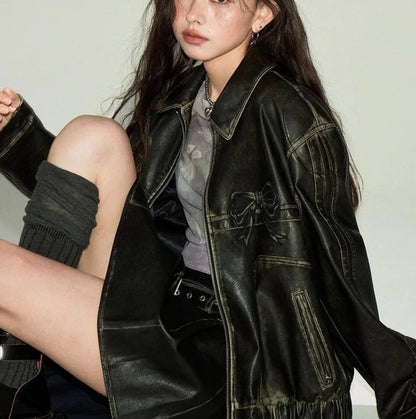 Women's faux leather jacket with ruffles and elastic hem NOVAE