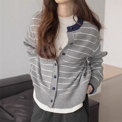 Women's cozy knit cardigan with a youthful striped pattern and practical button closure NOVAE