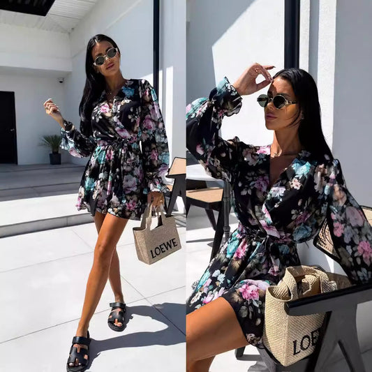 Women's wrap dress with elegant animal print and casual boat neckline NOVAE