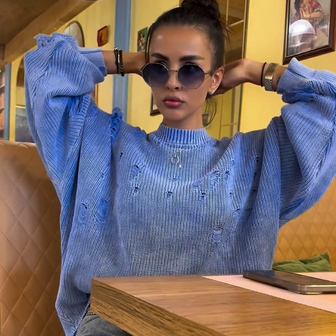 Women's casual sweater with fashionable ripped design and voluminous sleeves NOVAE