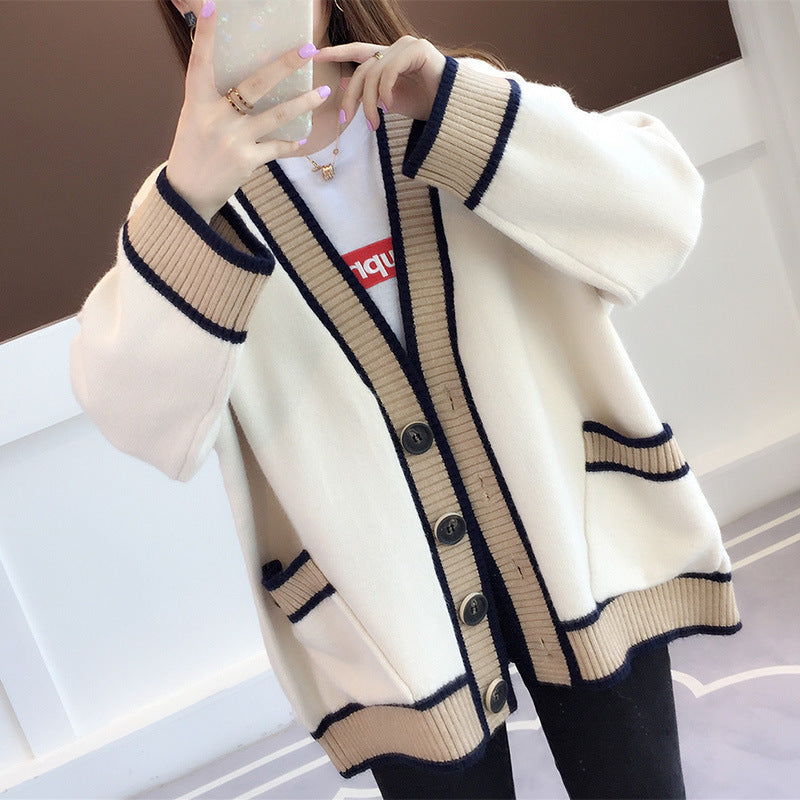 Women's casual knit cardigan with attractive contrasting trims and practical pockets NOVAE