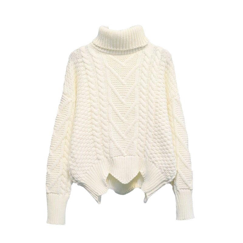 Women's chunky knit sweater with high collar and cable pattern NOVAE