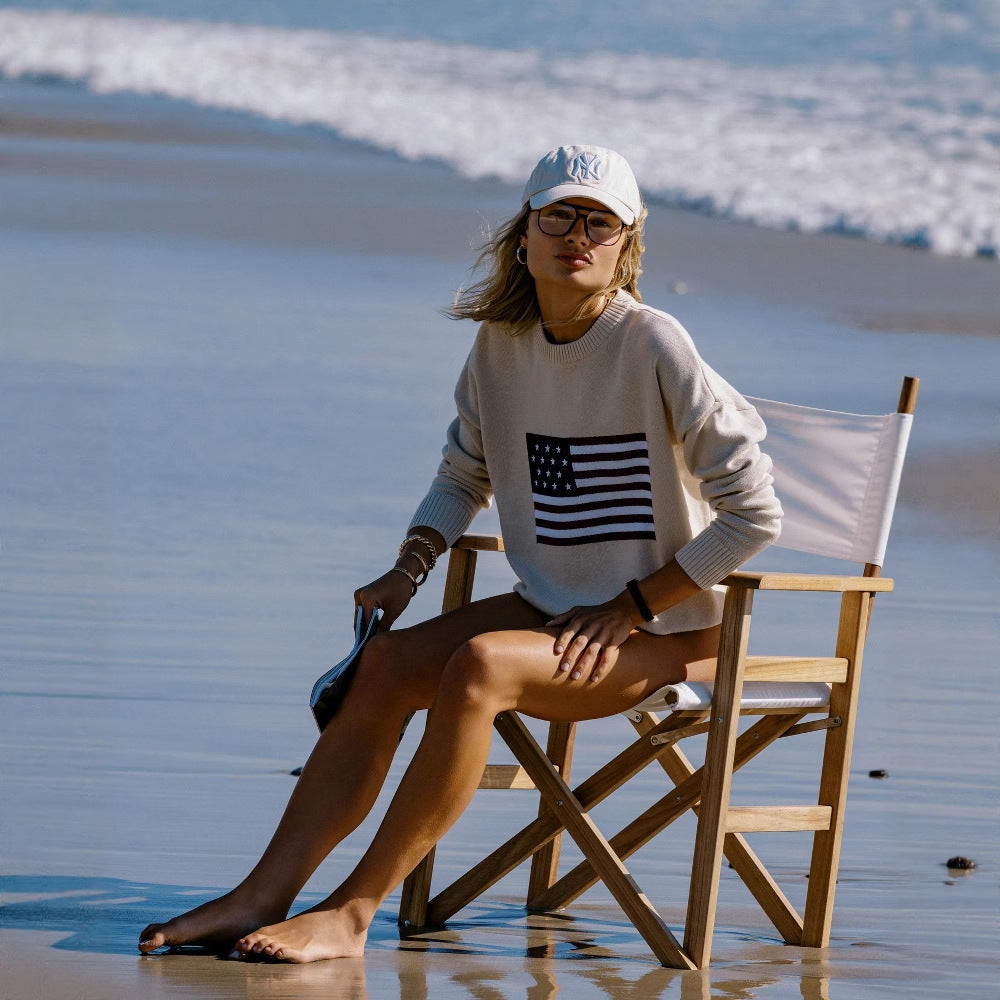 Women's fashionable sweater with USA flag appliqué NOVAE